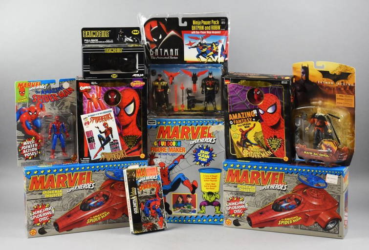 Nos 10 Vintage Spiderman & Batman Action Figures, Fun Dough