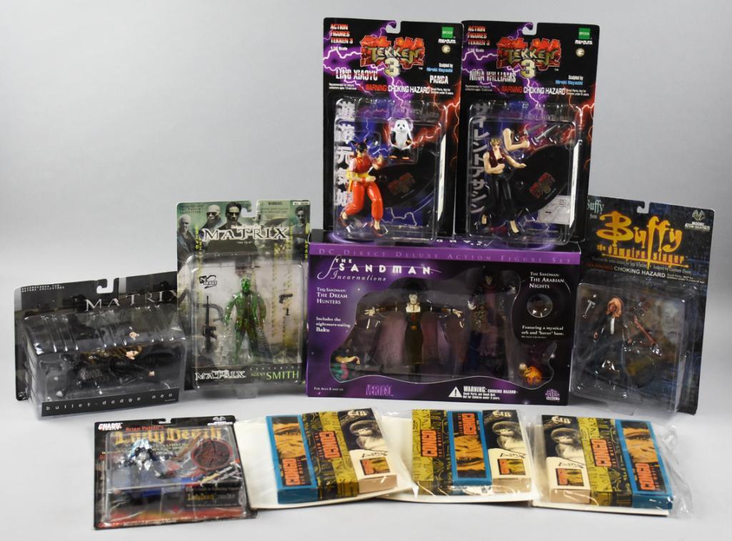 NOS-1990s Action Figures, Matrix, Plus & Congo Watches: Nice assortment of action figures from well known movies and TV and include Buffy the Vampire Slayer, The Matrix and others. Includes four Congo watches featuring Amy on the covers, appear to have nev