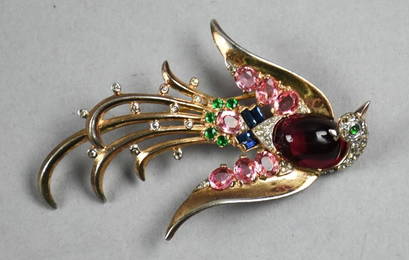 Vtg Crown Trifari Jelly Belly/Sterling Lyre Bird Brooch MCM