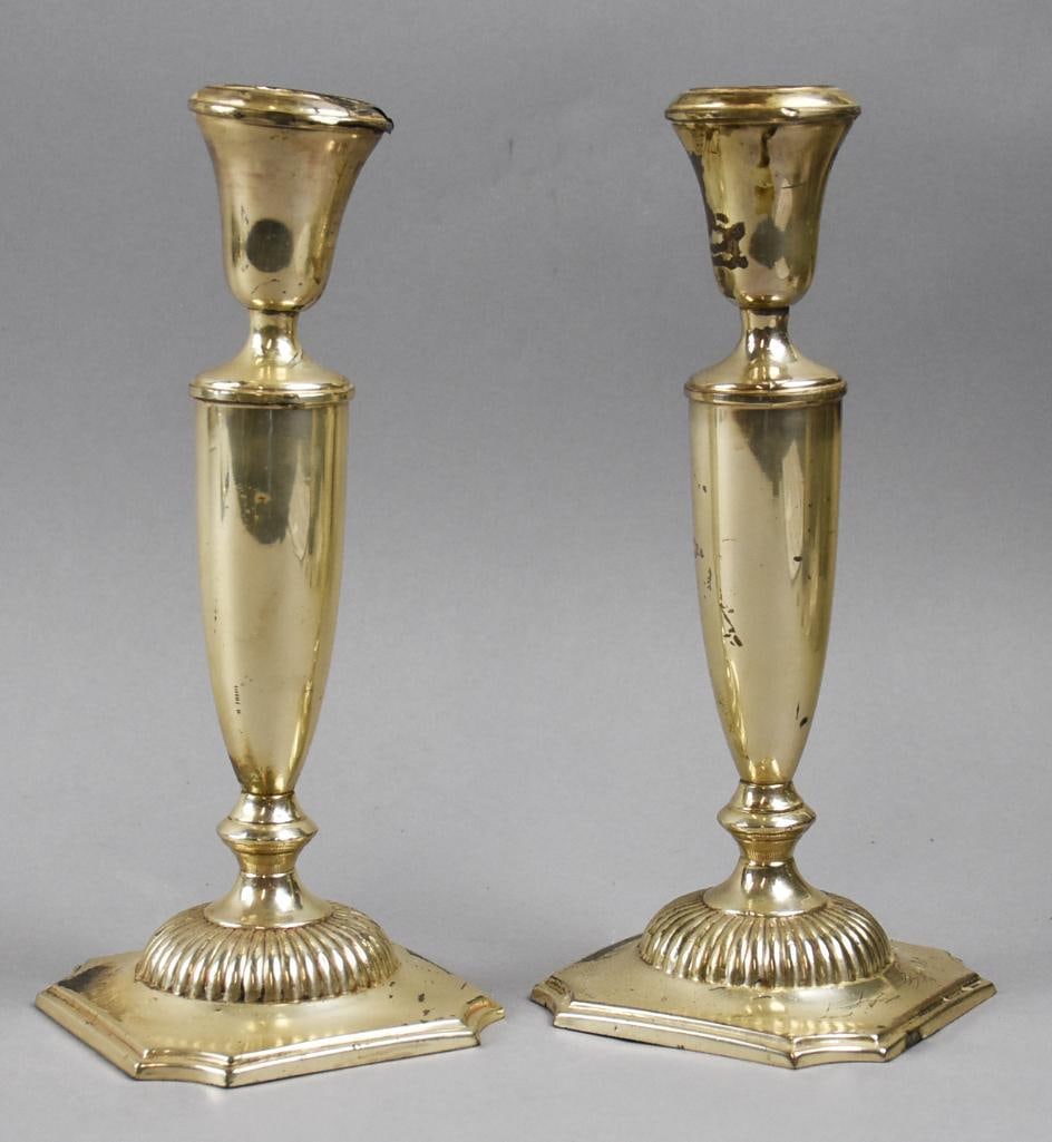 Antique D.S. Spaulding Weighted Sterling Candlesticks: Pretty pair of antique D.S. Spaulding candlesticks. Each is simple in style with a weighted base. Well marked on bottom and both 9.5" tall with an overall approx weight of 1050g