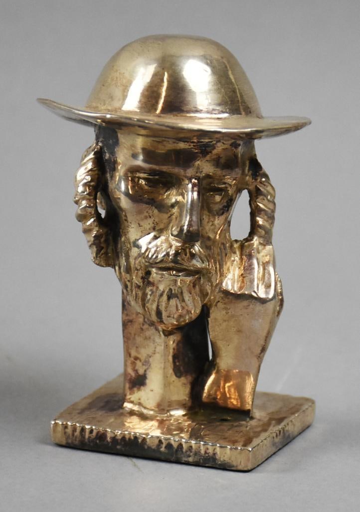 Sterling Old Bill/Bruce Bairnsfather Bust, Weighted: Very nice vintage bust of Old Bill, a character created by Bruce Bairnsfather. Old Bill wears a WWI helmet and is weighted with a sterling overlay. No visible maker mark, stamped 925. Stands approx 4.