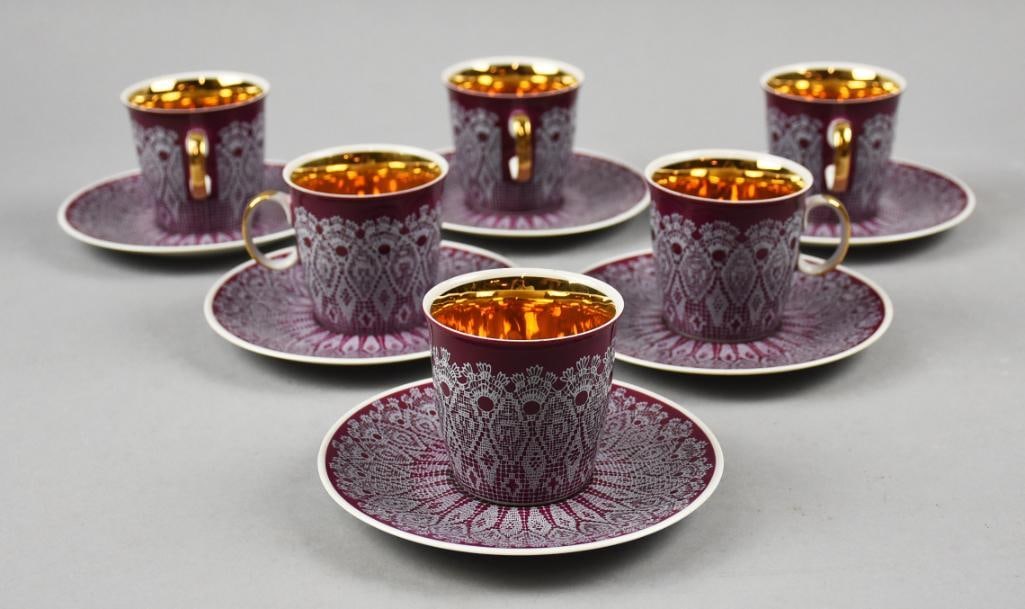 Vintage Pirkenhammer Czech Porcelain Cup & Saucer Sets: These gorgeous porcelain pieces are from Pirkenhammer porcelain factory in Czechoslovakia. This pattern is called Patricia with a burgundy background and wonderful lace transfer design over the top. T
