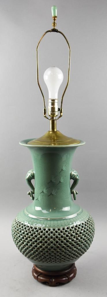 Vintage Chinese Celadon Glaze Pierced Vase Lamp (1 of 10)