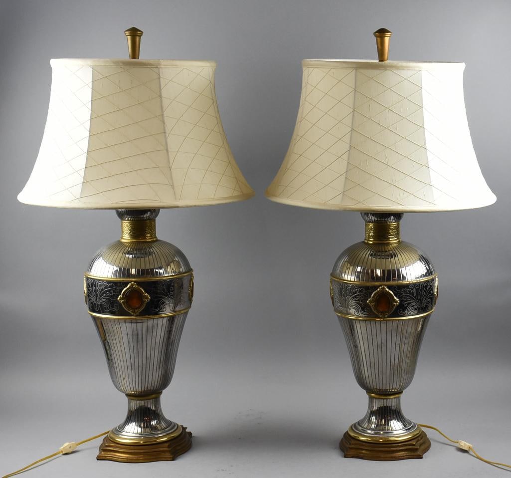Vintage Pair Silver/Gold Over Porcelain Bejeweled Lamps Works: These stunning lamps are in fine working order. Each appears to be porcelain with silver and gold plating and amber colored jewels that appear glass. Each lamp works well and shades appear original. B