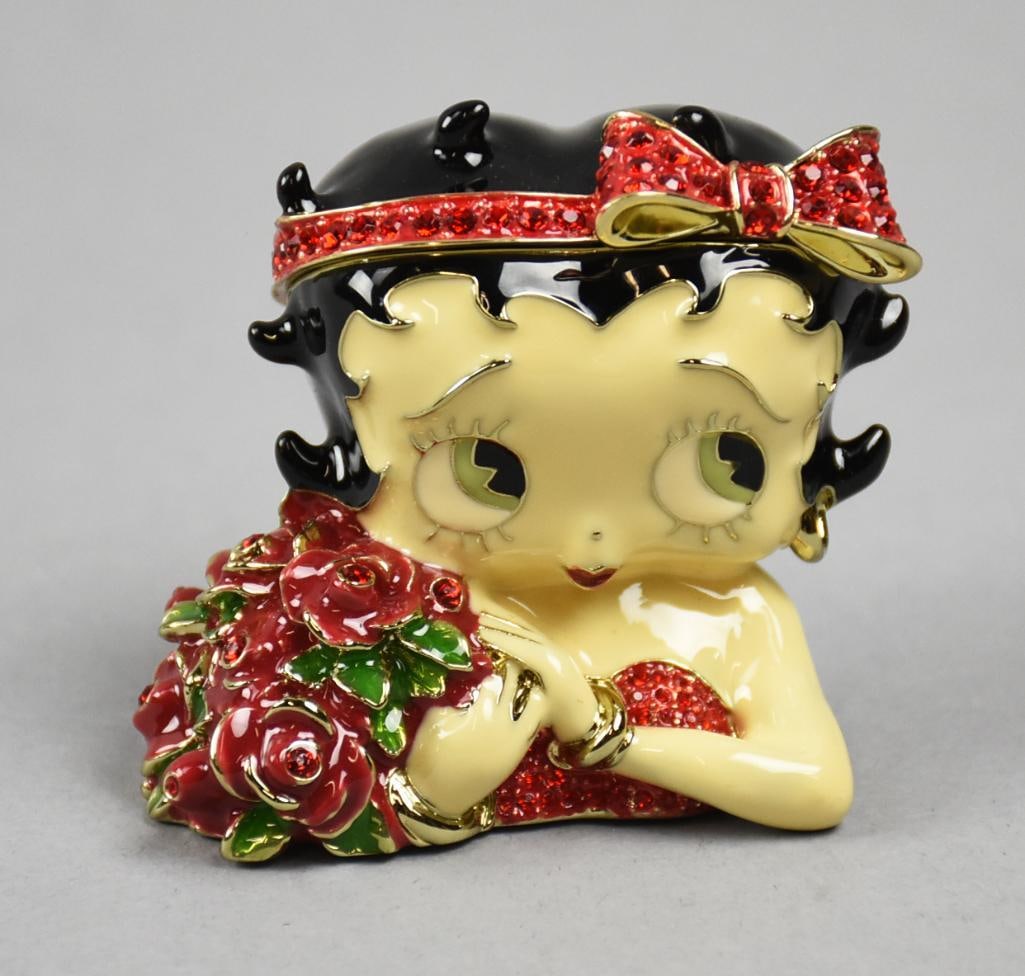 Vandor Betty Boop Ltd Ed Swarovski Jeweled Box-COA/Box: This adorable Betty Boop jewelry box is a Vandor Limited Edition. The bust of Betty is adorned with Swarovski crystals. Comes in the original box and COA indicating it is number 125 of only 700 pieces