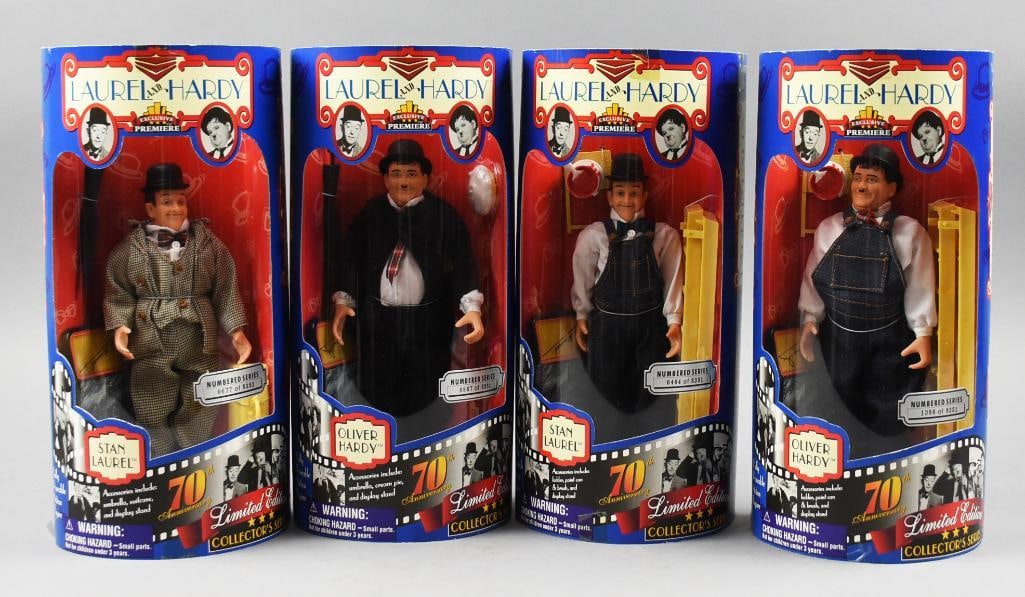 (4) Lt Ed Exclusive Premier Laurel & Hardy Dolls-NRFB - NOS: Exclusive Premier Laurel & Hardy Dolls, NRFB - NOS. Each wears a suit and denim overalls. Stan in suit is 677/8351, Ollie in suit is 867-8351. Stan in denim 464/8351, Ollie in denim 1386/8351.From the