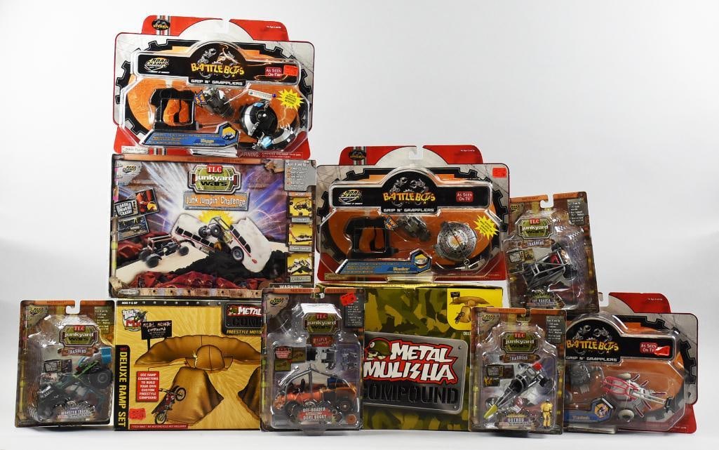 (10) Battlebots-Junkyard Wars-Metal Mulisha Action Figs-NOS: Battlebots-Junkyard Wars-Metal Mulisha Action Figs-NOS. All carded and boxed. Figures are from Battlebots: Tazbot, Ziggo and Mauler, all Grip and Grappler. Junkyard Wars: Off Roader Dune Buggy, Junk J