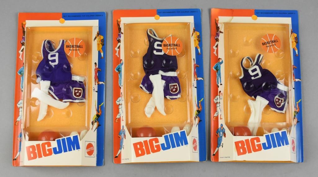 (3) 1971 Big Jim Basketball Uniforms-Mattel-Carded-NOS: 1971 Big Jim Basketball Uniforms-Mattel-Carded-NOS. Three pieces in total. From the home of the largest toy collector on the west coast.