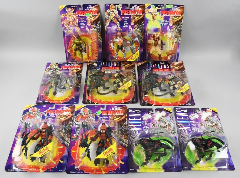 (10 Aliens vs Predator & Predator Action Figures-Carded-NOS: Aliens vs Predator & Predator Action Figures-Carded-NOS. Predator figures are Cracked Tusk, Spiked Tail, Scavage, Stalker, and two Clan Leader. Aliens vs. Predator are two Renegade, and two Aliens, Ni