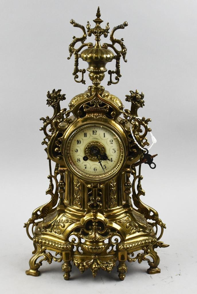 c1900 French Baroque Style Gilt Mantle Clock w/Key-Work (1 of 12)