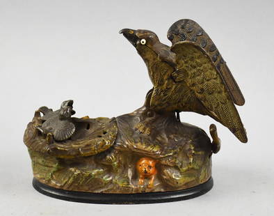 1883 JE Stevens American Eagle Cast Iron Still Bank: Great antique still bank from JE Stevens. Cast iron in the form of the American eagle with eaglets. All paint appears to be original. Marked with two different patents, one for the locking stopper