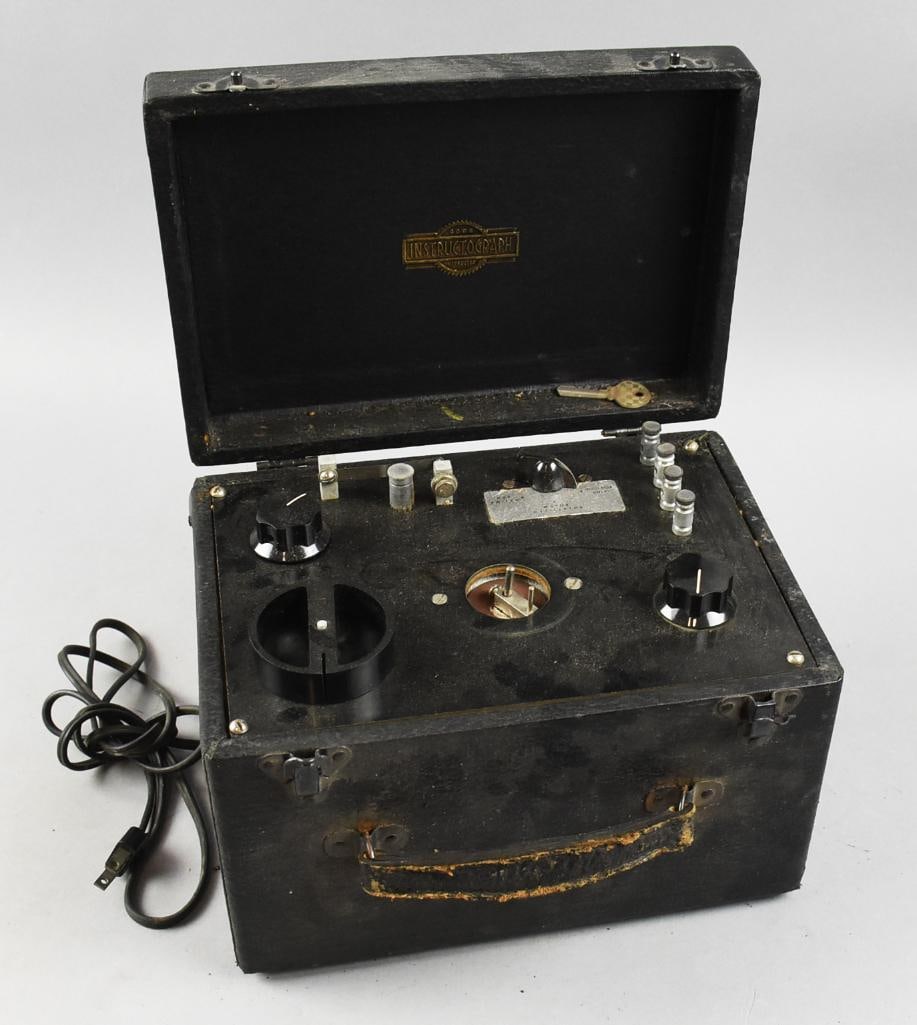 1947 Instructograph Morse Code Instructor: This is a great artifact from 1947 in this Instructorgraph. This machine was created to instruct Morse Code by the Instructograph Company in Chicago. Hard sided case with leather overlay.