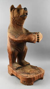 19th C Carved Bear Umbrella or Walking Stick Stand: This is a very coll and fun antique umbrella or walking stick stand. Appears to be hand carved in the form of a bear and possibly carved out of one piece of wood. He has hand painted eyes, lips with r