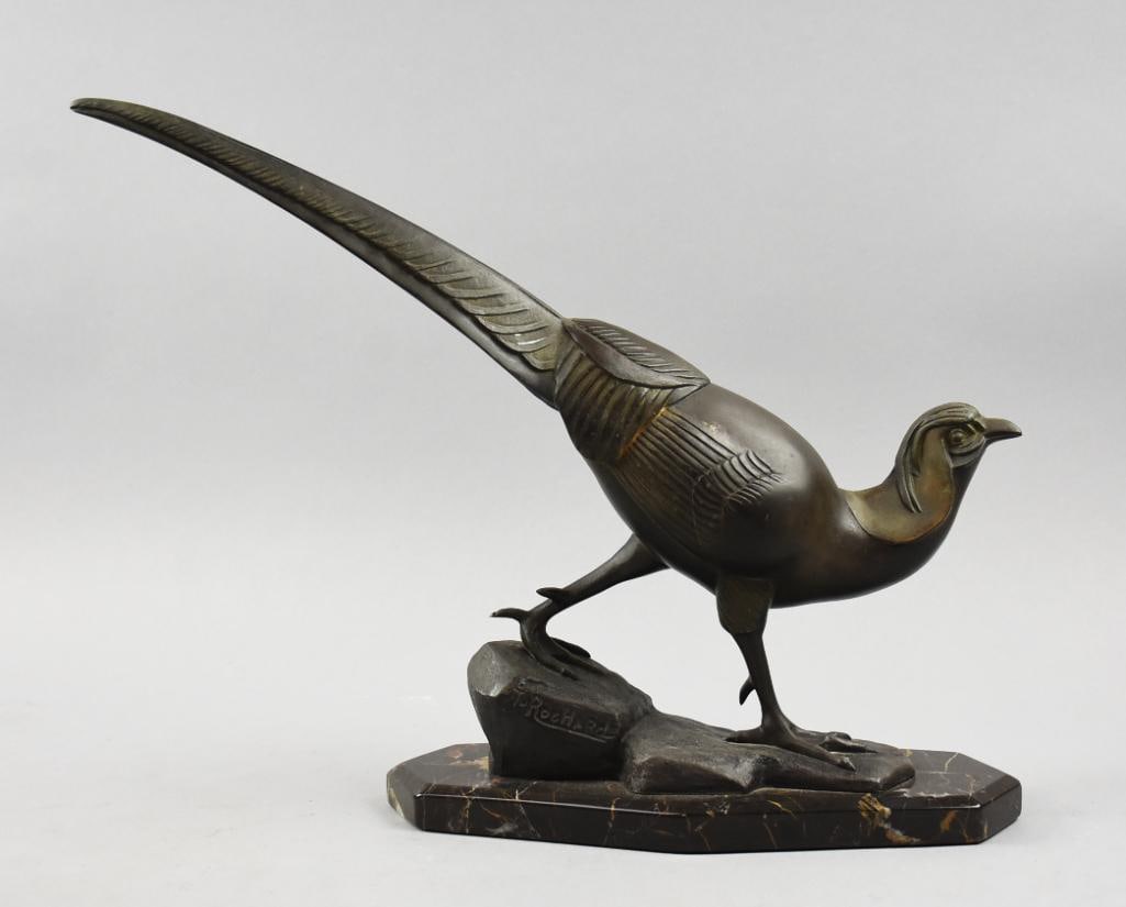 Irenee Rochard (1821-1906) Bronze Pheasant Scupture: Beautiful bronze pheasant after French sculpture artist Irenee Rochard. Mounted on a marble base, this is the Rochard mark as well as the Fabrication Francaise Paris Made in France foundry mark. Mount