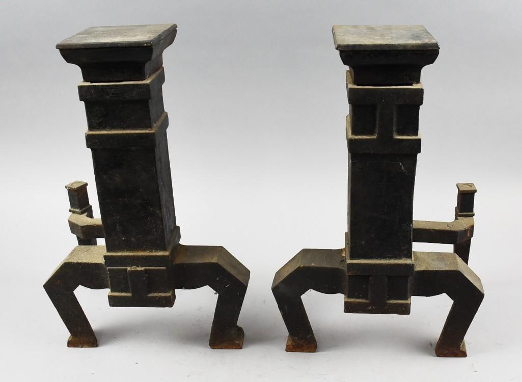 Antique Cast Iron Andirons Arts & Crafts: These cool antique andirons are cast iron in an architectural block design.