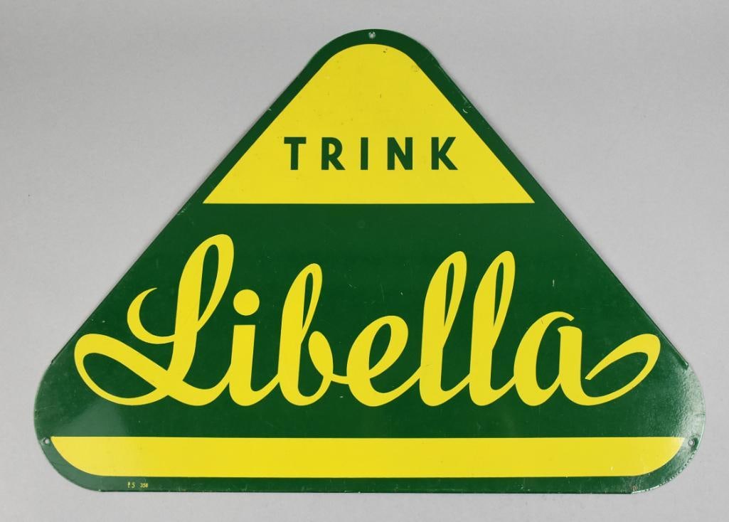 Vintage Libella German Beverage Advertising Sign: This great sign is for Libella, a German beverage, I think lemonade. These signs hung near the coolers in the mid 1950s-60s. It is metal and painted. Measures?14" x 20".
