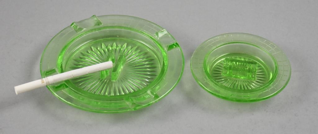 Vintage Hazel Atlas Depression Vaseline Glass Ashtrays w/Holder (1 of 5)