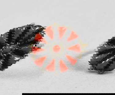 Vintage Hopi Sterling and Coral Flower Ring, Signed: Beautiful ring of Hopi origin. Ring is sterling silver set with polished coral in a flower shape. Signed SJ and stamped sterling.