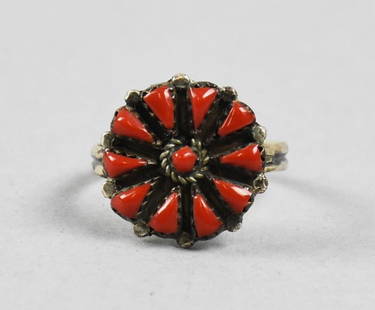 Vintage Hopi Sterling and Coral Flower Ring, Signed: Beautiful ring of Hopi origin. Ring is sterling silver set with polished coral in a flower shape. Signed SJ and stamped sterling.