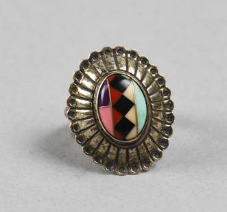 Vintage Navajo Quoc Turquoise, Multi Stone Conch Ring: This stunning ring is Navajo from the Quoc Turquoise Inc. in Albuquerque, a?southwestern shop. Sterling silver inlay of coral, turquoise, onyx and more, mosaic set in a conch. Stamped inside band QT s