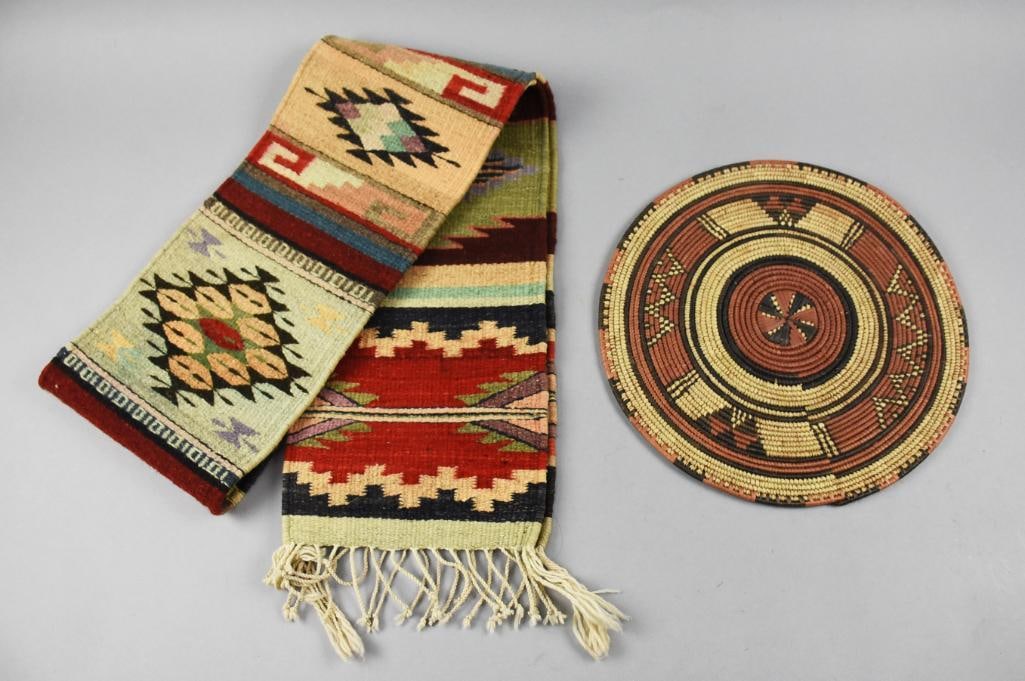 Vintage Navajo Woven Flat Basket & Woven Wool Runner (1 of 6)