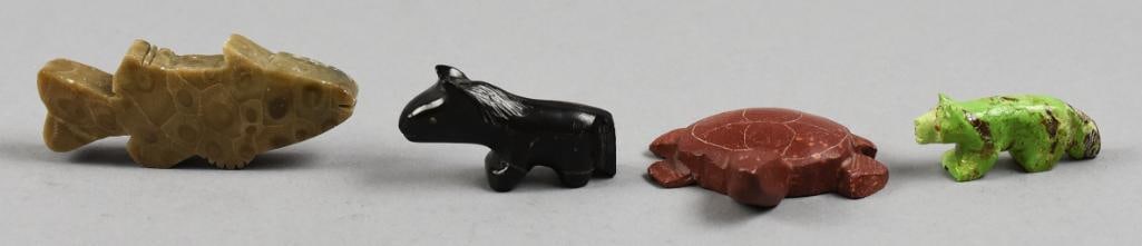 Vintage Zuni Carved Stone Fetishes, Signed: These are some lovely vintage carved fetishes. The horse is signed by the artist, first name appears to be Mary, last name illegible. Turtle retains original label with the name Winona (Bryan, Sioux) 