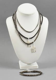 Heavy Silver Tone Chains, John Hardy Style: Nice grouping of John Hardy style chains with three necklaces and a bracelet. They are heavy and silver tone, no visible marks, necklaces are approx 22" - 40" long.