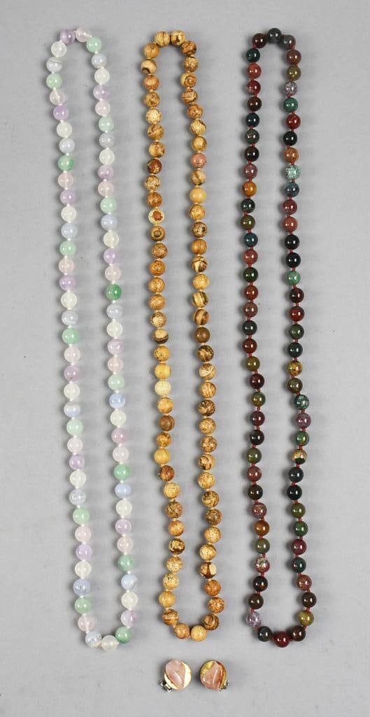(3) Vintage Jasper Bead Necklaces, Rose Quartz Earrings (1 of 8)