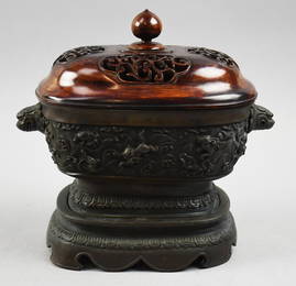 Chinese Bronze w/ Rosewood Lid Censer Foo Dragon Motif