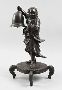 Meiji Period Japanese Bronze Bell Ringer Sculpture: Beautiful statue of Japanese origin appears to be bronze and of the Meiji period. This figure is a robed man holding a bell and attached to a four footed platform base. No visible markings and stands