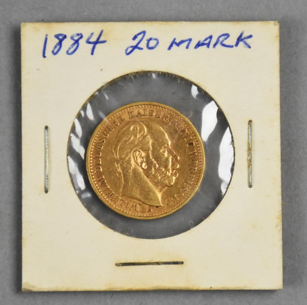 1884 German Gold 20 Mark Wilhelm Deutscher Kaiser: Nice?1884 German Gold 20 with Mark Wilhelm Deutscher Kaiser. Great piece.