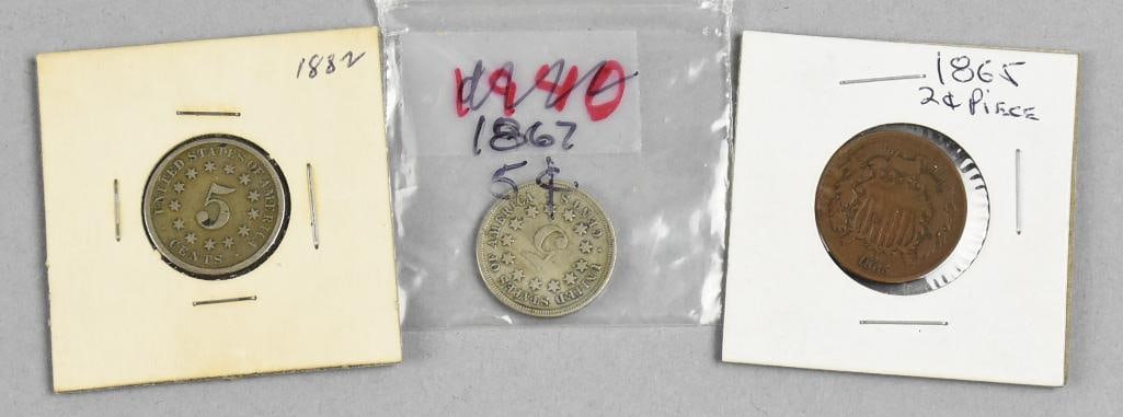 1865 2 Cent Piece, 1867 & 1882 5 Cent Pieces (1 of 4)