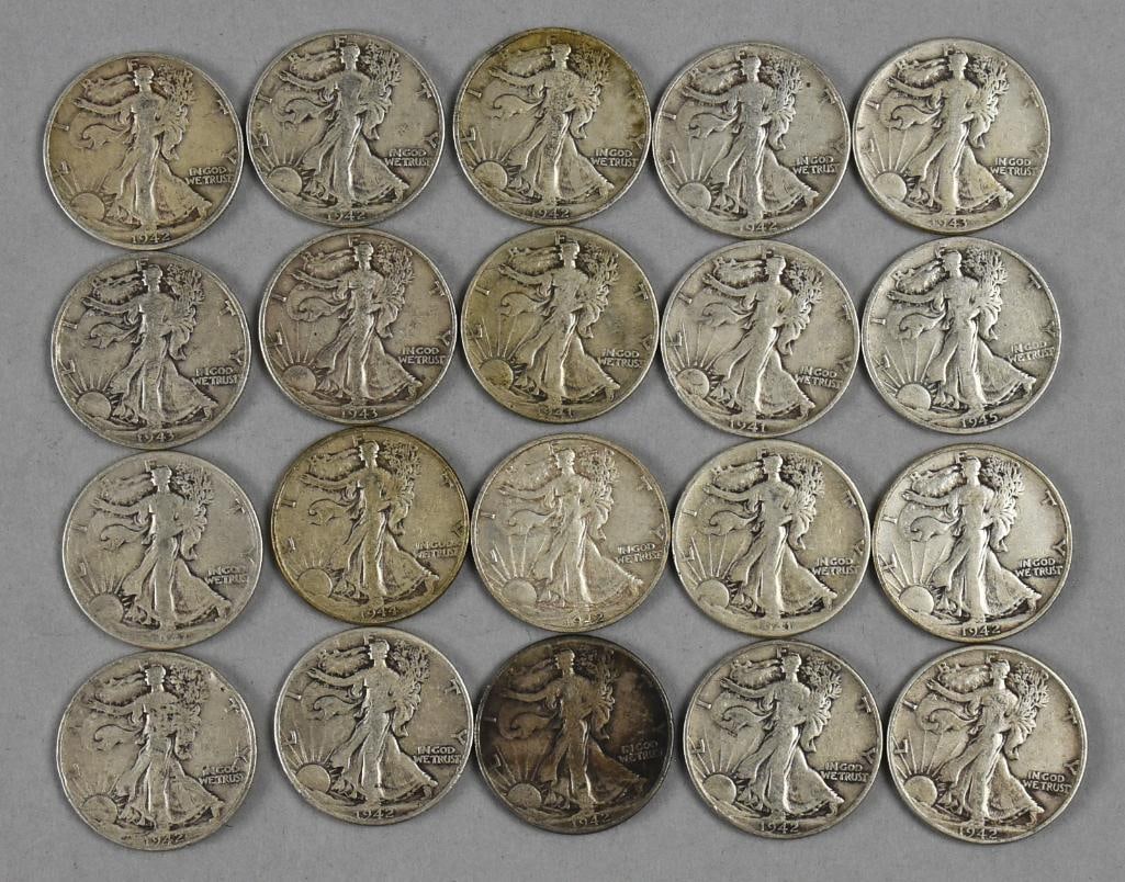 (20) 1941-1945 Walking Liberty Half Dollars -Good-Fine: Lot is for 20 1941-1944 Walking Liberty Half Dollars. One date hard to read then three 1941, 11 1942, three 1943, 1944, 1945.