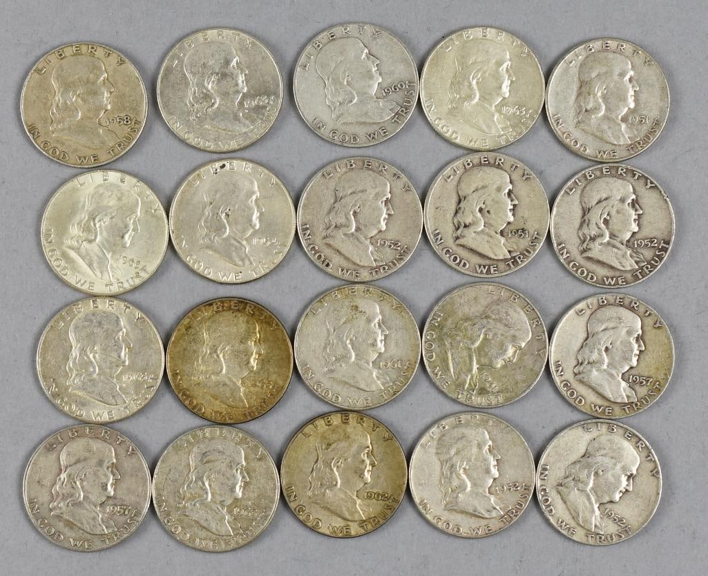 (20) 1951-1963 Franklin Half Dollars - VG - VF (1 of 4)