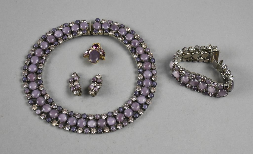 Vintage Lavender Rhinestone & Cloudy Stone Parure MCM: This is an adorable parure necklace, earrings and bracelet with a bee brooch that may not be part of the set, but looks great all together. The parure has lavender stones are rhinestone and what appea
