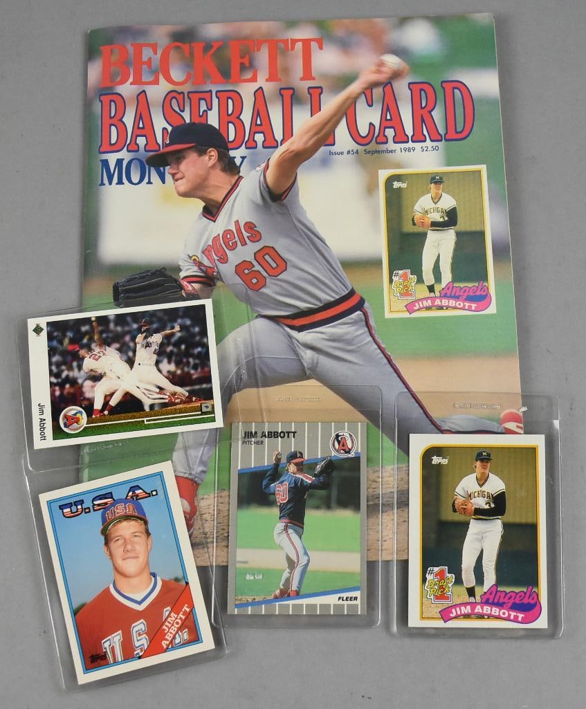 Jim Abbott Baseball Cards-Becketts Catalog Feat. Abbott: Great lot for Jim Abbott fans. The baseball player was featured on the cover of Beckett Baseball Cards Monthly in 1989. Also are several cards, with two Topps, Fleer and Upper Deck.