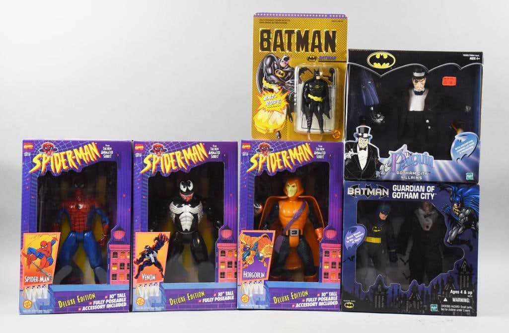 Hasbro/Toy Biz Spider-Man/Batman Action Figs, MIB - NOS: Hasbro/Toy Biz Spider-Man/Batman Action Figs, MIB - NOS. Lot is for Toy Biz, Batman, Spider-Man, Venom and Hobgoblin, and Hasbro Batman Guardian of Gotham City and The Penguin. From the home of the la