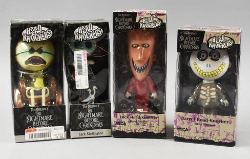 Neca Nightmare Before Christmas Head Knockers, Mint-NOS: Lot is four Neca Nightmare Before Christmas Head Knockers, Mint-NOS. Black boxes are Jack Skellington and Dr. Finklestein. Off white and purple boxes contain hand painted Lock and Barrel. From the hom