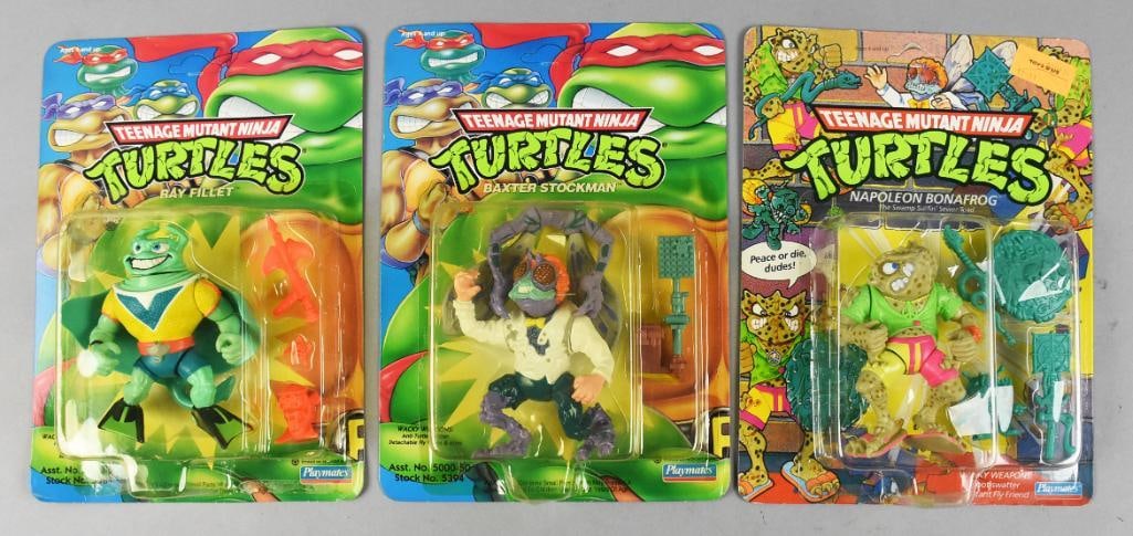 Playmates Teenage Mutant Ninja Turtles-Action Figs- NOS: Playmates Teenage Mutant Ninja Turtles-Action Figures, Carded - NOS. Figures are Ray Fillet, Baxter Stockman and Napoleon Bonafrog. From the home of the largest toy collector on the west coast.