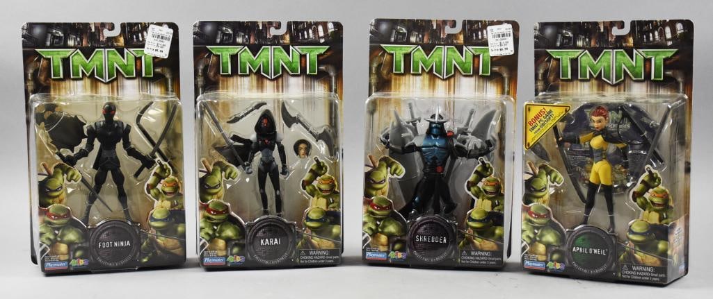 (4) TMNT Teenage Mutant Ninja Turtles, Carded - NOS: Lot is four TMNT Teenage Mutant Ninja Turtles, Carded - NOS. Figures are Foot Ninja, Karai, April O'Neil and Shredder. From the home of the largest toy collector on the west coast.