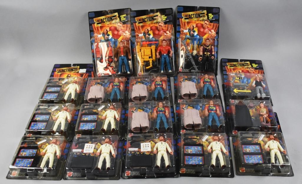 Mattel Last Action Hero Action Figures, Carded - NOS: Mattel Last Action Hero Action Figures, Carded - NOS. There are eight Evil Benedict with both open and closed gun cases, five Undercover Jack and one of each Axe Swingin' Ripper, Hook Launcher Danny,