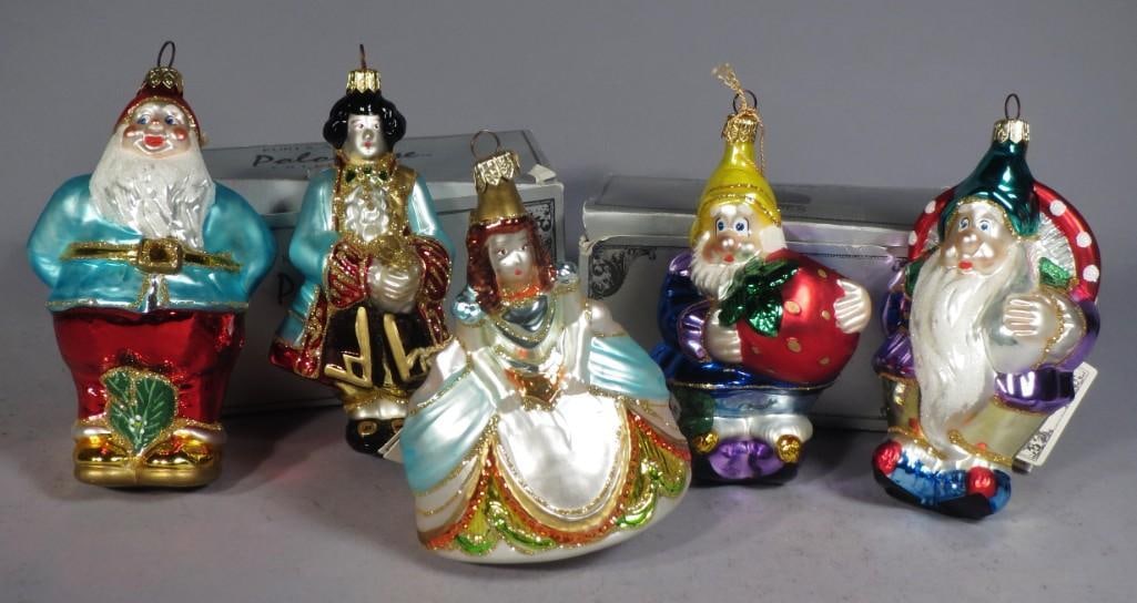 Lot of Blown Glass Polonaise Christmas Ornaments: Fun lot of blown glass Christmas ornaments from the Kurt Adler Polonaise collection by Komozja. 2 ornaments come in their original box, all have their original hang tags, 5 ornaments in total