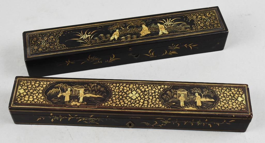 Antique Chinese Lacquer and Hand Painted Fan Boxes (1 of 8)