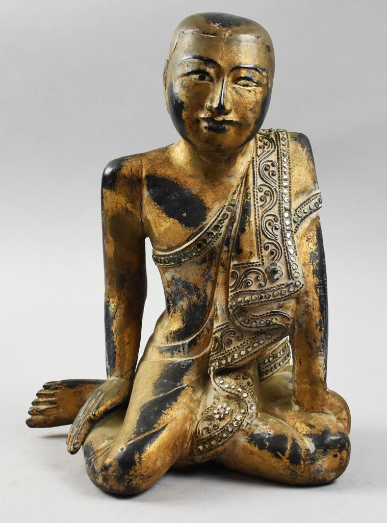 Antique Thailand Kneeling Monk, Carved Solid Wood, Gilt: Gorgeous carved sculpture appears to be from Thailand. Solid wood, appears hand carved of a kneeling Buddhist monk. Draped ornate shoulder wrap inlaid with what appears turquoise, one hand resting on 