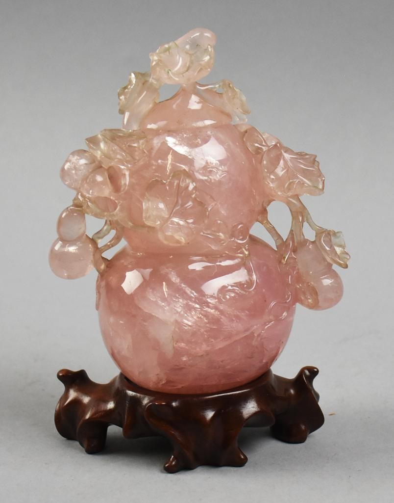 Chinese Rose Quartz Hand Carved Lidded Vase w/ Box (1 of 10)