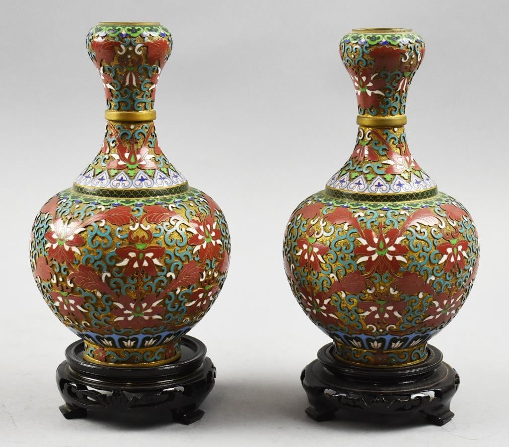 Chinese Champleve Garlic Head Vase Pair w/ Stands (1 of 8)