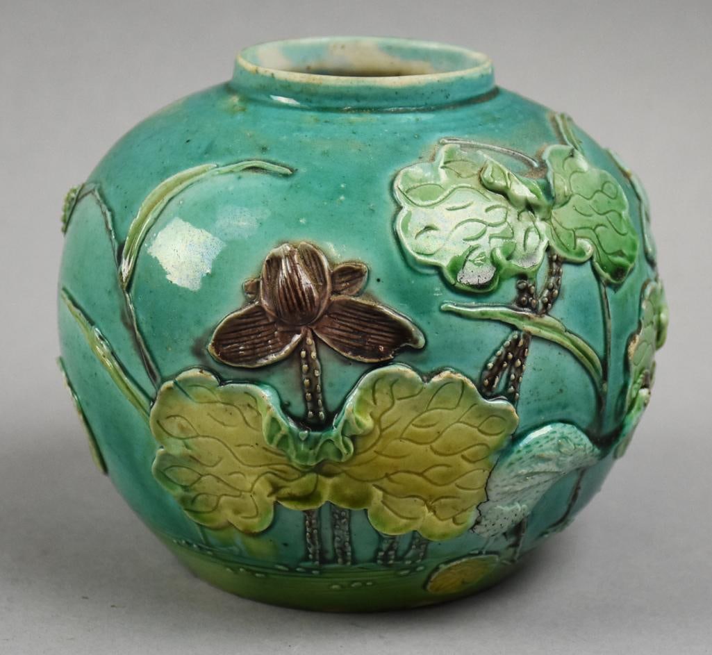 Wang Bingrong Attrib Porcelain Crane & Lotus Jar-Stand: This wonderful piece of porcelain is attributed to Wang Bingrong?(c1820-1875). Chinese. This jar is molded and carved with lotus flowers, crane and leaves. Comes with an ornate stand that appears rose