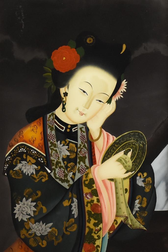 19th C Chinese Export Reverse Painted Beautiful Woman (1 of 5)