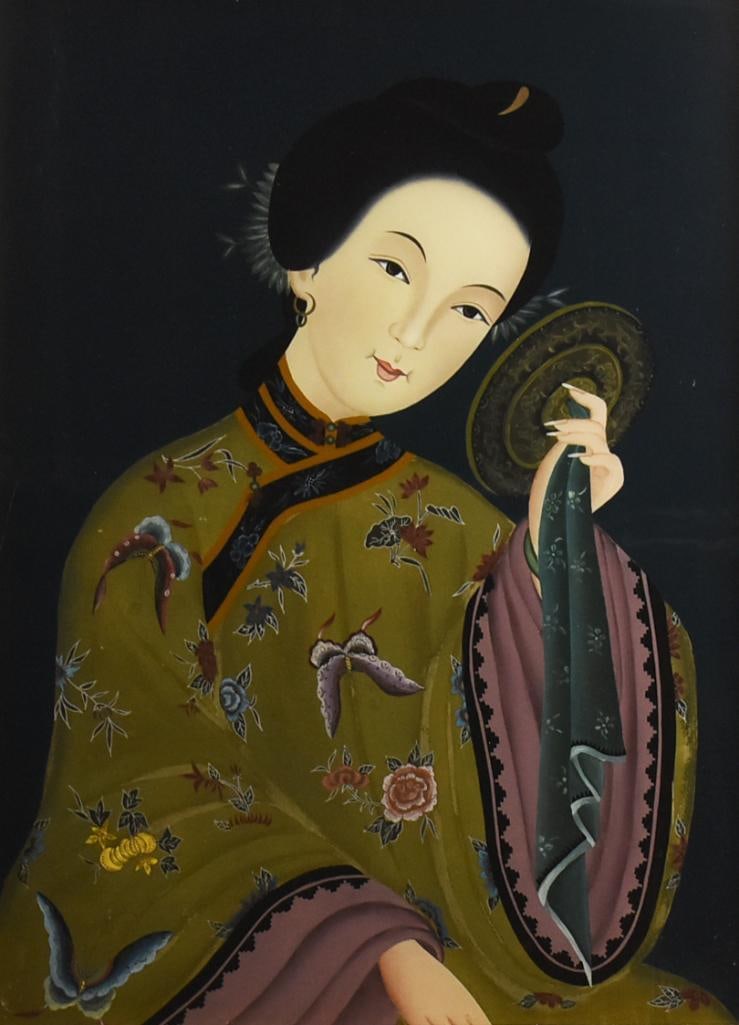 19th C Chinese Export Reverse Painted Beautiful Woman (1 of 4)