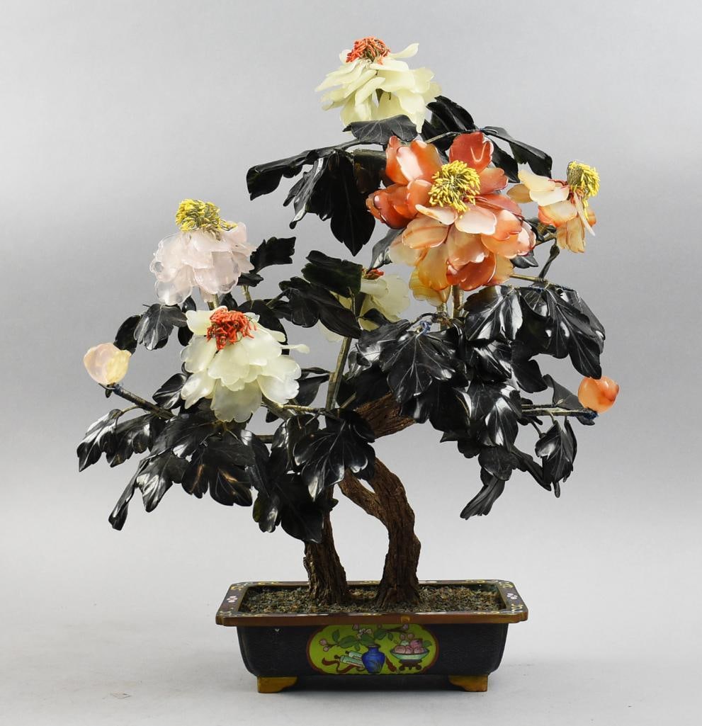 Vintage Chinese Jade & Agate Stone Tree, Cloisonne (1 of 7)